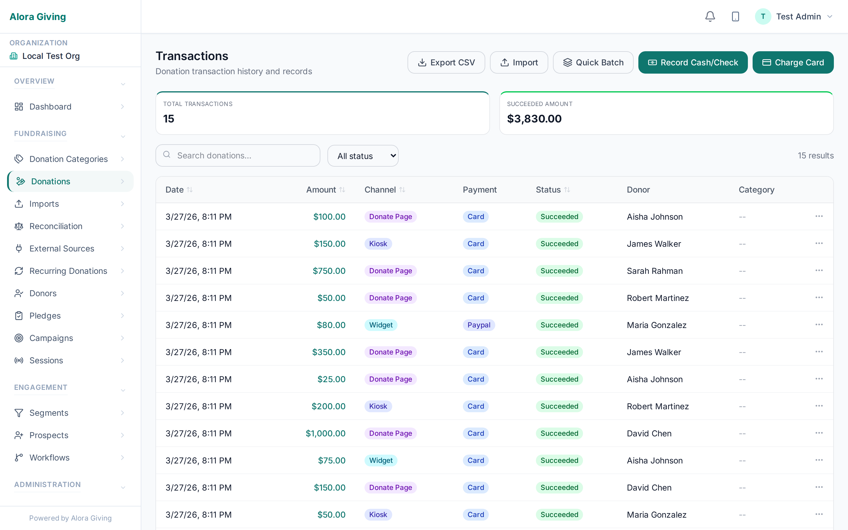 Transaction list showing donations from all channels
