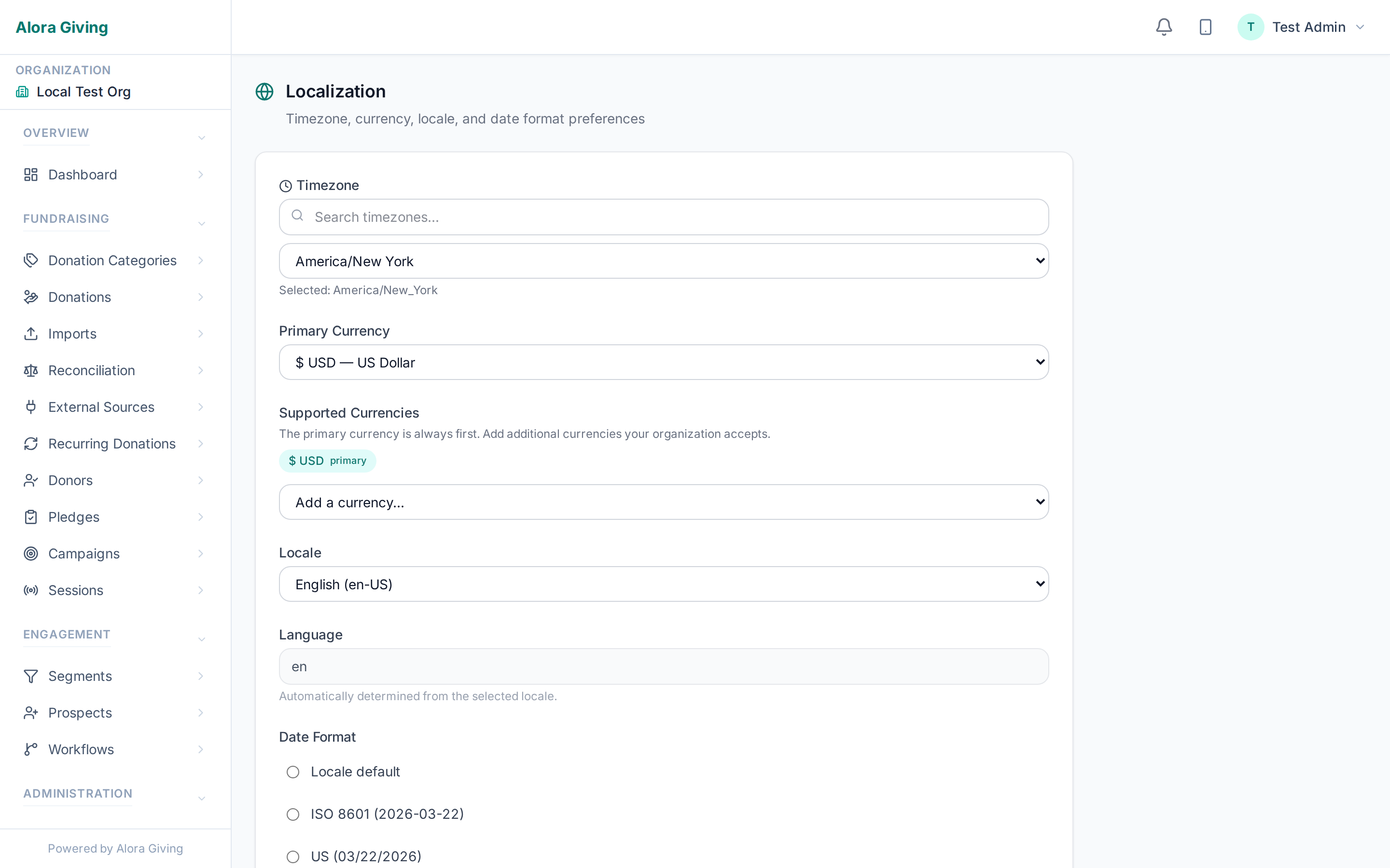 Organization localization settings — timezone, locale, currency, date format