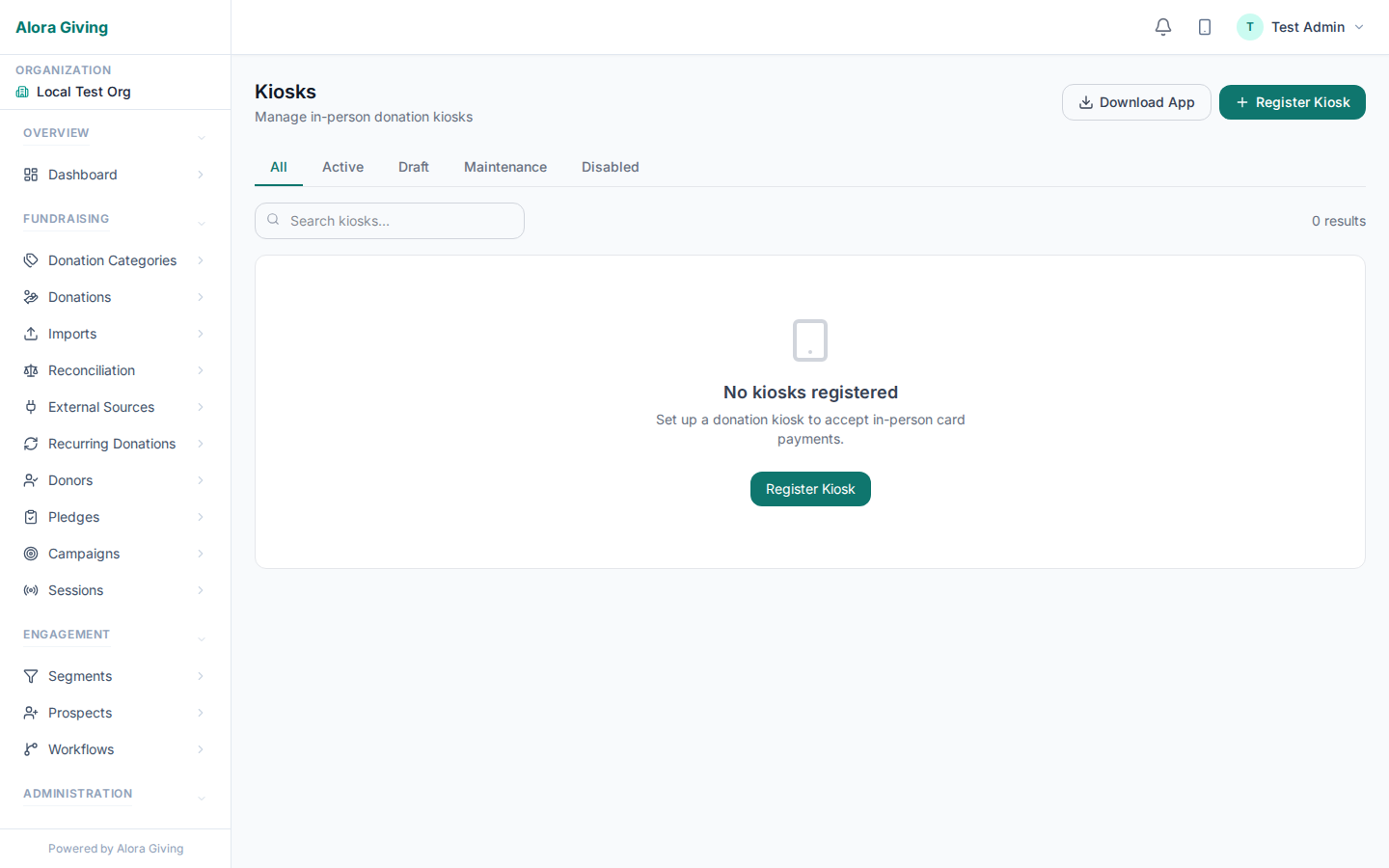 Admin dashboard showing kiosk health, reader status, and offline queue